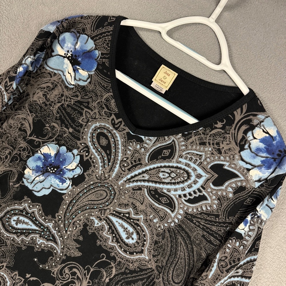 Jess & Jane Top Womens Large Black Blue Floral Paisley 3/4 Sleeve Rhinestone USA